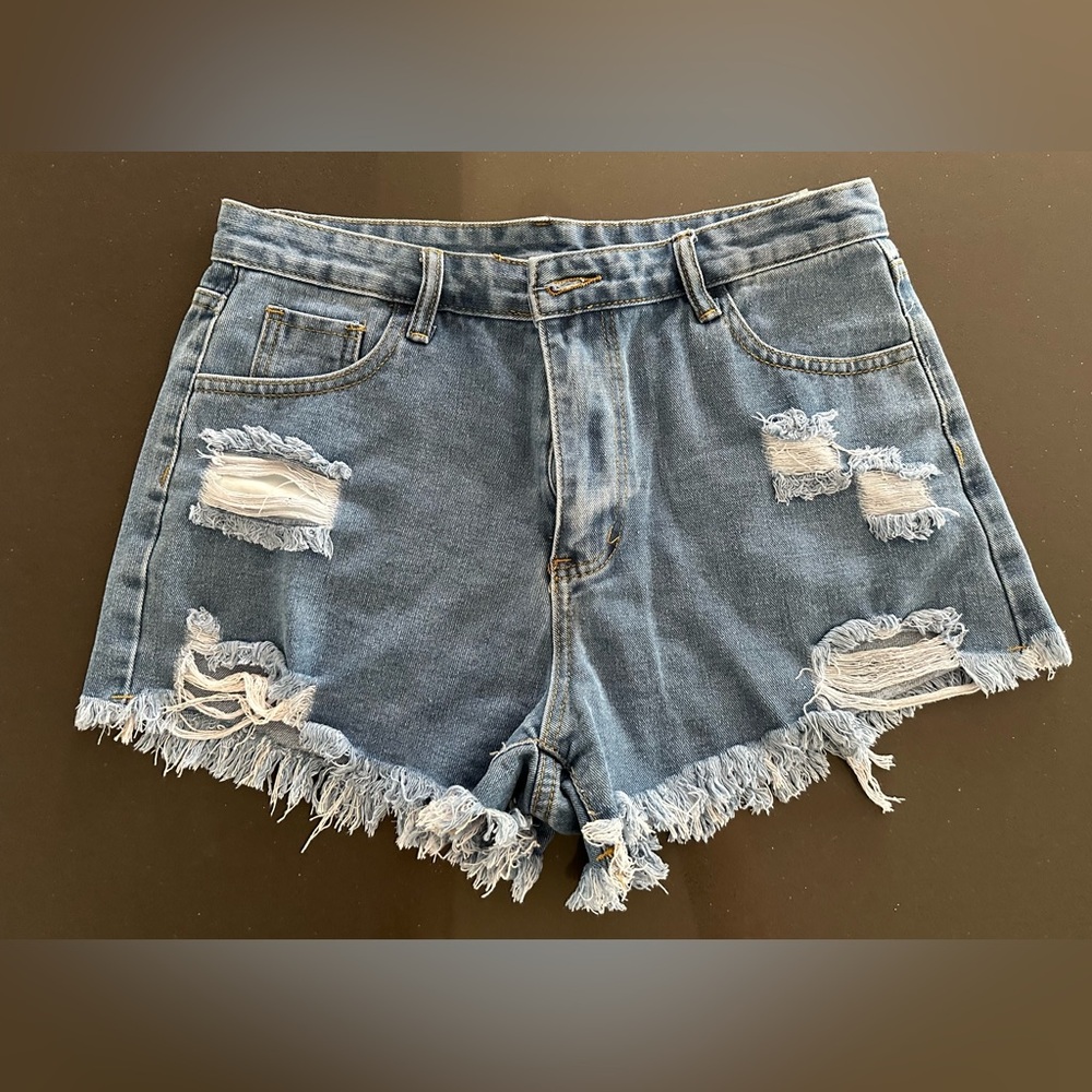 SHEIN Blue Distressed Jean Shorts High-Waisted Raw Hem
